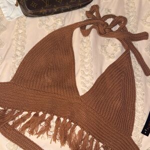 NWT Brown Crochet Halter Top with Fringe